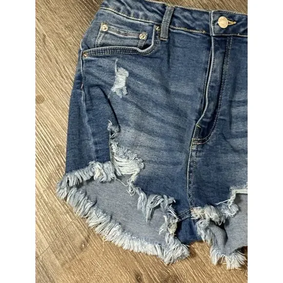 Love Tree Jean Shorts, Cut Offs, Frayed, Distressed, Medium Wash, Stretchy, M - Picture 2 of 5